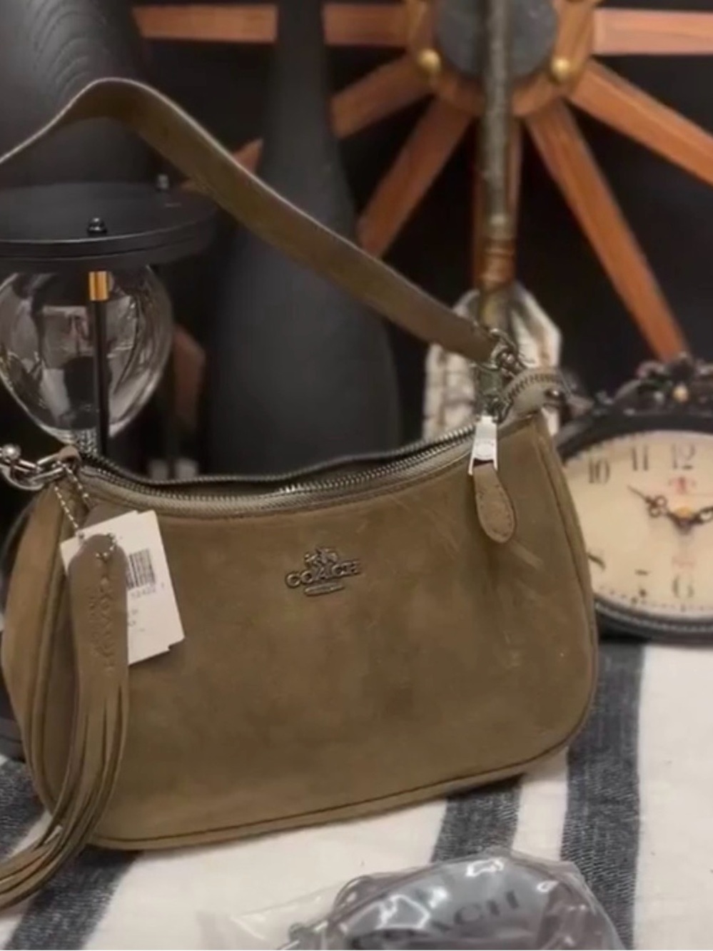Coach Olive Green Suede Shoulder Bag with Tassel